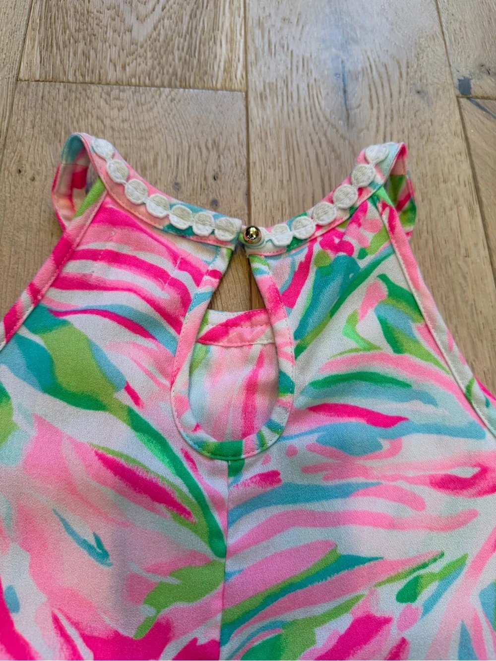 Lilly Pulitzer Girls Pink Green Tropical Halter Dress with Lace Yoke